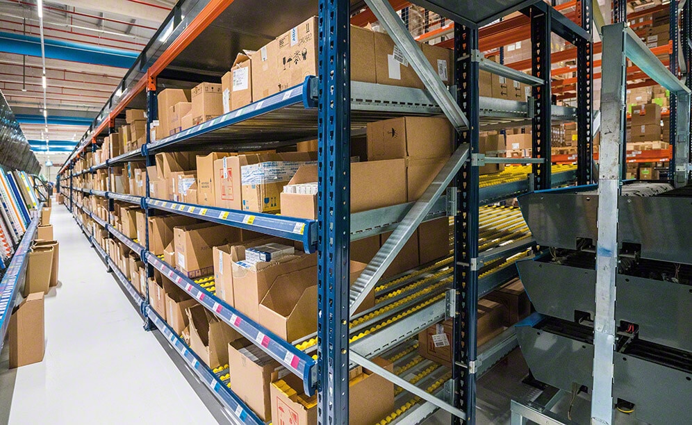 Em estantes de picking dinâmico são depositados os de maior procura