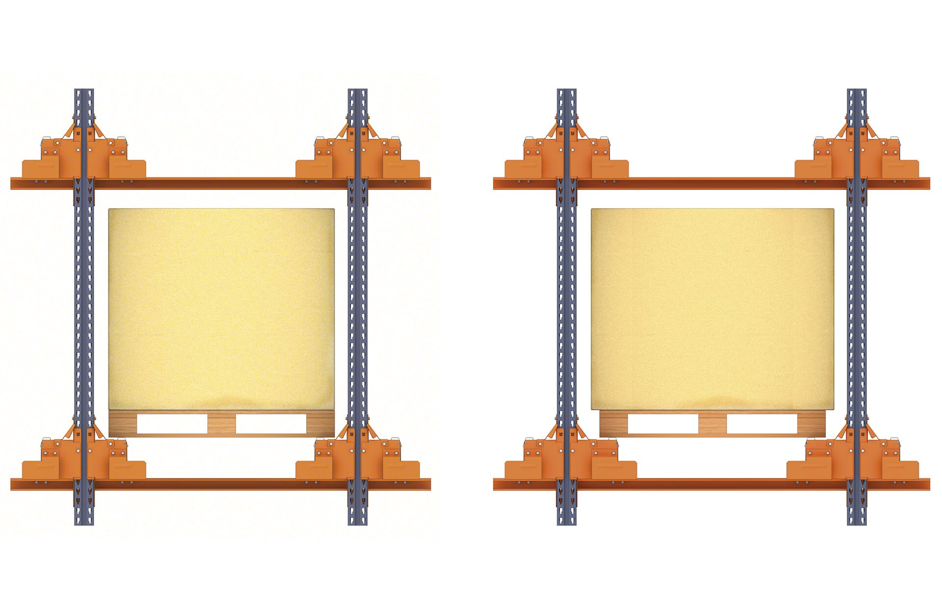 As folgas das estantes são determinadas baseando-se nas dimensões da unidade de carga armazenada
