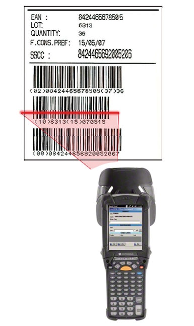 Exemplo de uma etiqueta com código de barras EAN-128, através do qual se identifica a palete, o produto que contém e as características do mesmo.