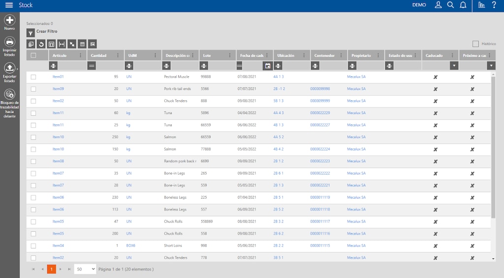 Captura de ecrã do Easy WMS com a lista do stock disponível no armazém