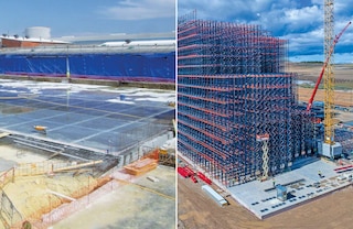 A estrutura do armazém autoportante assenta numa laje de fundação de betão