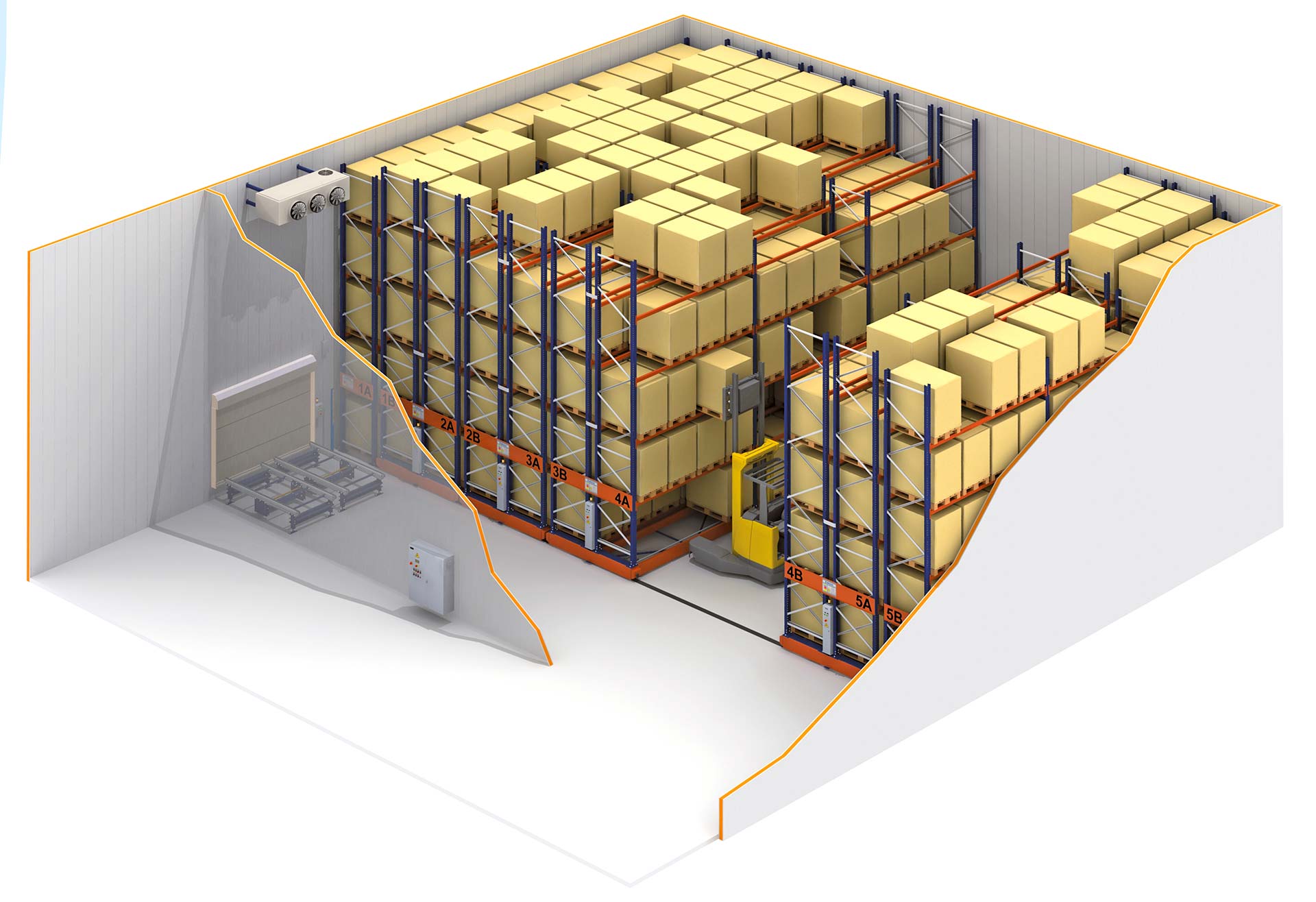 No caso dos armazéns frios as estantes com bases móveis garantem o máximo aproveitamento da capacidade de armazenamento