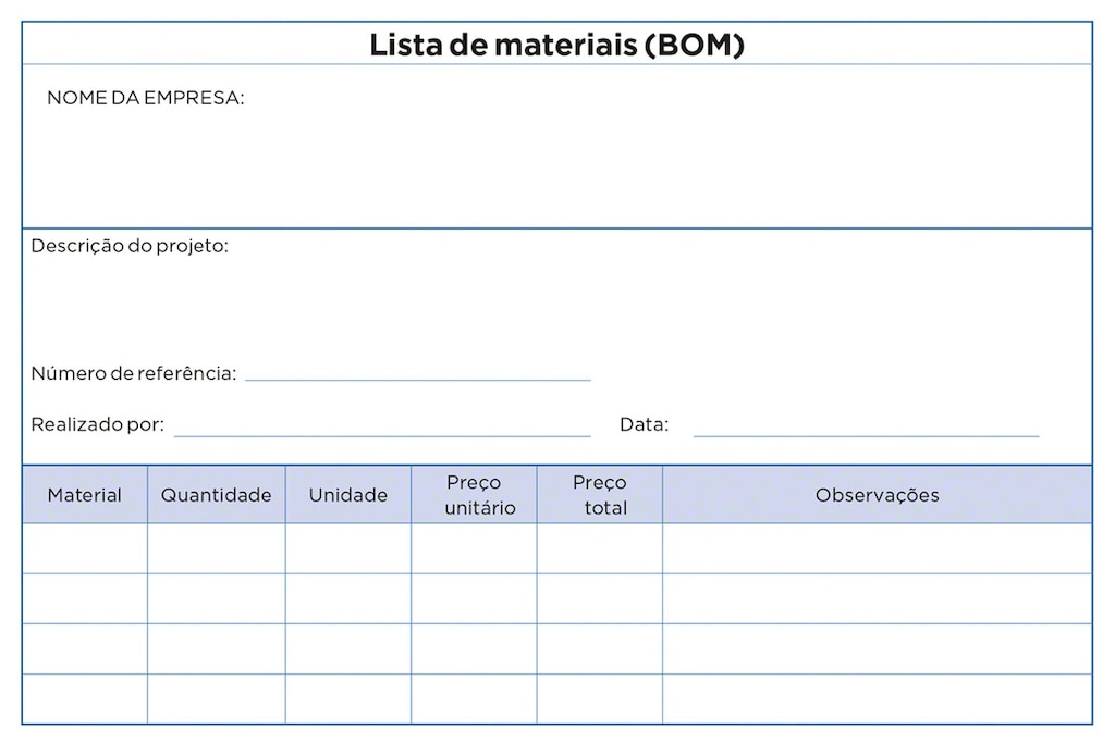 Este documento é um exemplo que mostra alguns dos itens contidos numa lista de materiais (BOM)