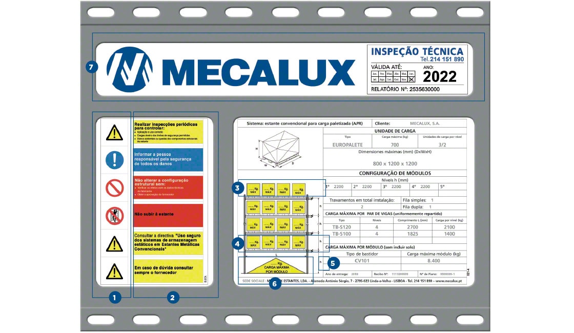 Exemplo de uma etiqueta com as características das estantes da Mecalux