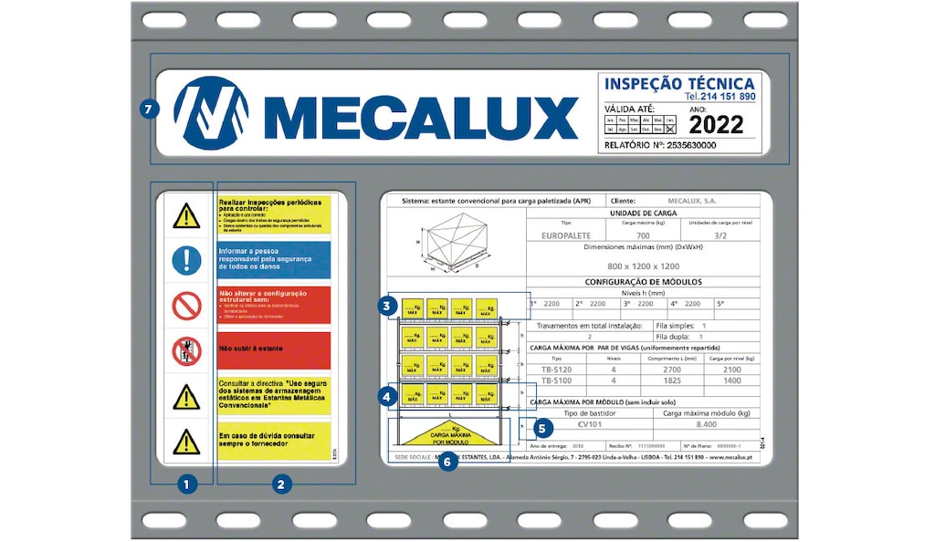 Exemplo de uma etiqueta com as características das estantes da Mecalux