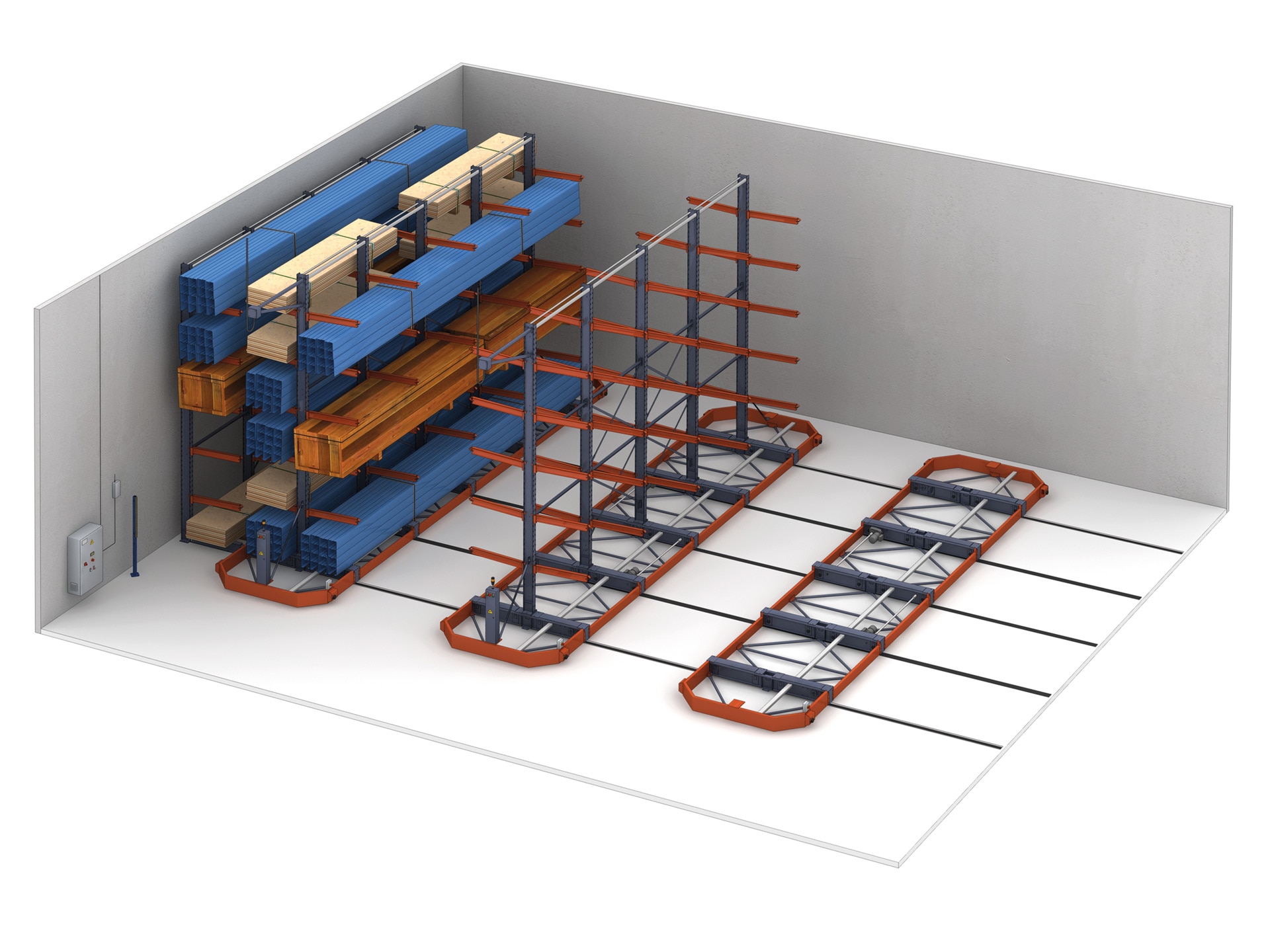 Podem ser instaladas onze estantes cantilever sobre bases móveis para armazenar cargas longas e volumosas