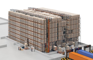 Uma instalação com o Pallet Shuttle automático permite a entrada e saída de cargas pelo terminal frontal e pelas laterais