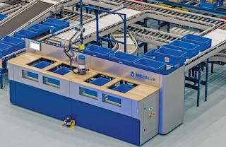 As estações de picking robot da Mecalux podem ser configuradas para preparar simultaneamente até 4 encomendas