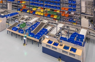 O robô de preparação de pedidos integra-se perfeitamente nos diferentes sistemas de armazenamento automático