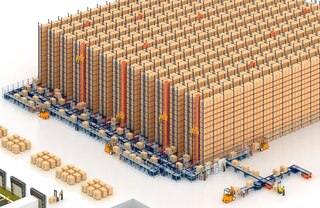 Os transelevadores trilaterais costumam ser complementados com um circuito de transportadores para paletes no terminal